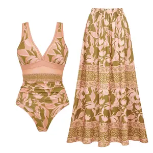 FLAXMAKER Women's Mesh Splicing Printed One Piece Swimsuit and Matching Cover Mini Skirt Set Swimdress Stylish Beachwear Bathing Suit SpringStatements Swimoutfit