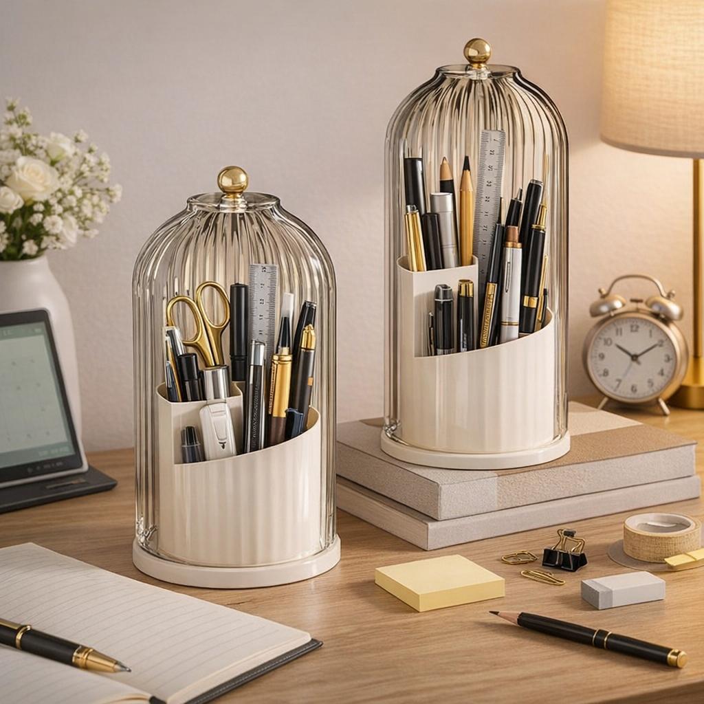 Pen Holder Organizer with Lid,360 Rotating Clear Dustproof Desk Organizer for Pens, Pencils & Office Supplies