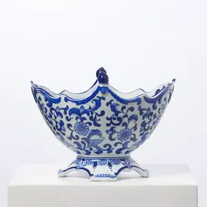 Blue & White Porcelain Chinoiserie Footed Bowl Serving Dish