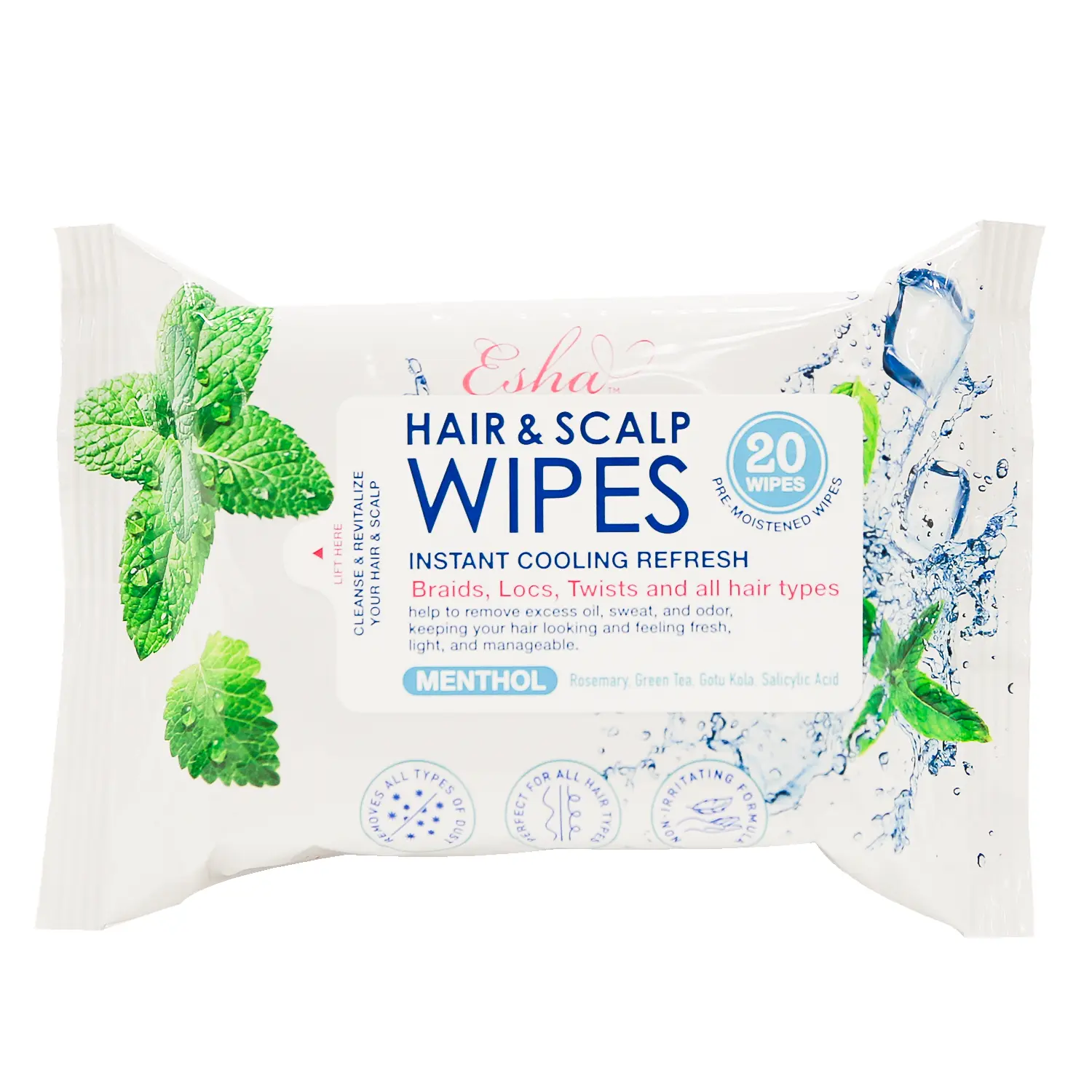 Esha Hair & Scalp Exfoliating Wipes - Gentle Nourishing Cleanser for On-The-Go Refreshment, Aloe Vera Infused Haircare Treatment, 20-Count Pack, Exfoliate, Handy, All Hair Types, Hair Care Product, Salicylic Acid