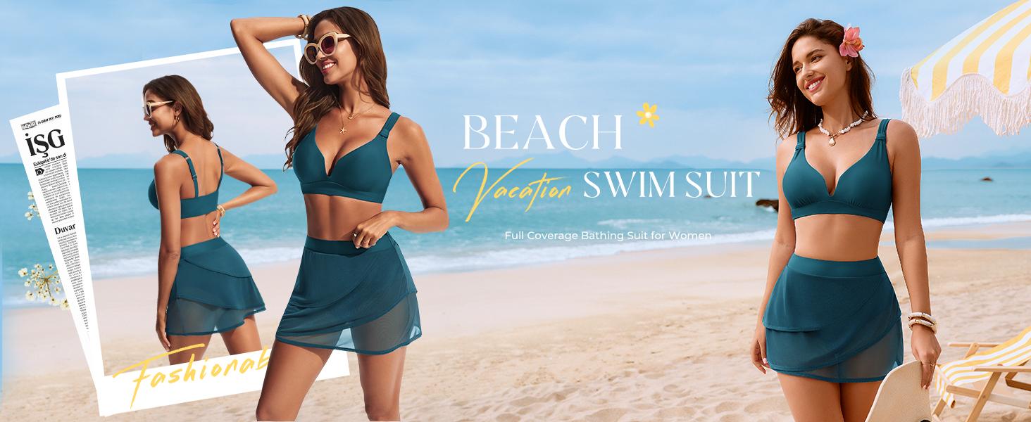 【S-2XL】Hanna Nikole Womens High Waisted Bikini Sets, Modest Tummy Control Swimsuits, 2 Piece Bathing Suits Mesh Swim Skirt