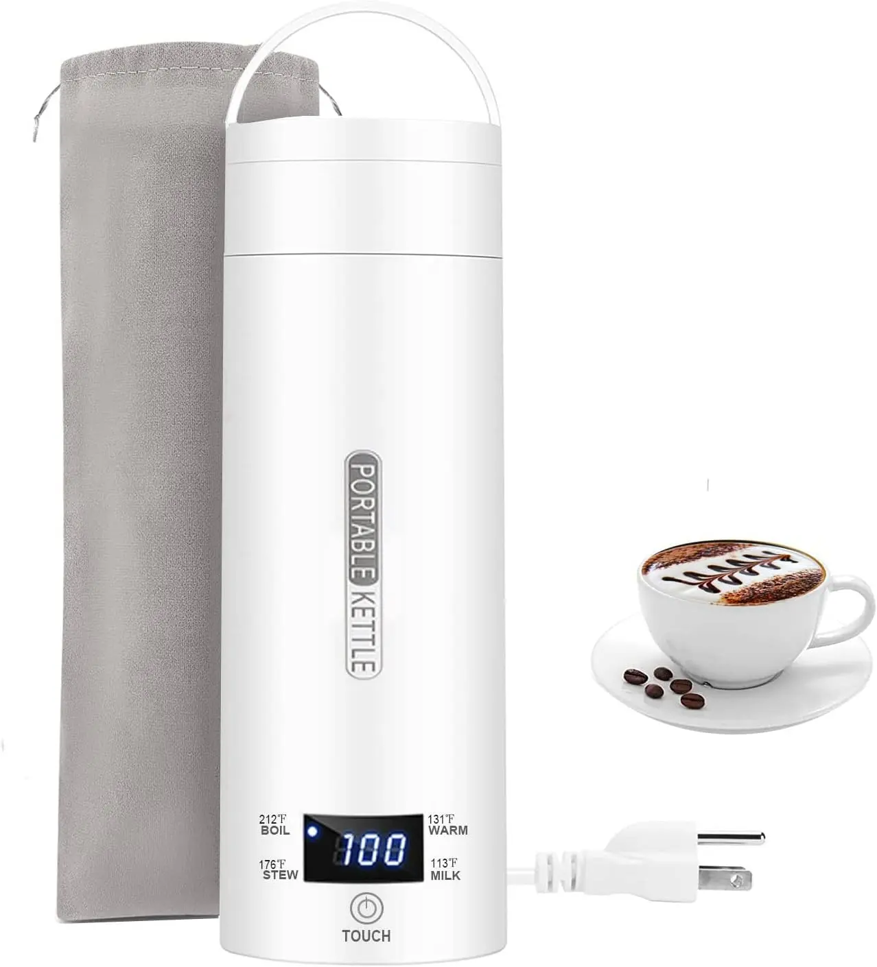 304 SS Portable Small Compact Thermostatic Electric Kettle - Coffee Equipment, 4 Temp Boil Control, Auto Shut-Off, Boil Dry Protection, BPA-Free, Home and Travel Ready White Mini Water Boiler for Tea/Coffee Heating
