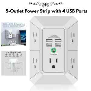5-in-1 Wall Charger Surge Protector– For Travel, Office & Home, 1680J 3-Sided Power Strip, 5 AC Outlets + 4 USB Ports , Multi Plug Outlet Extender