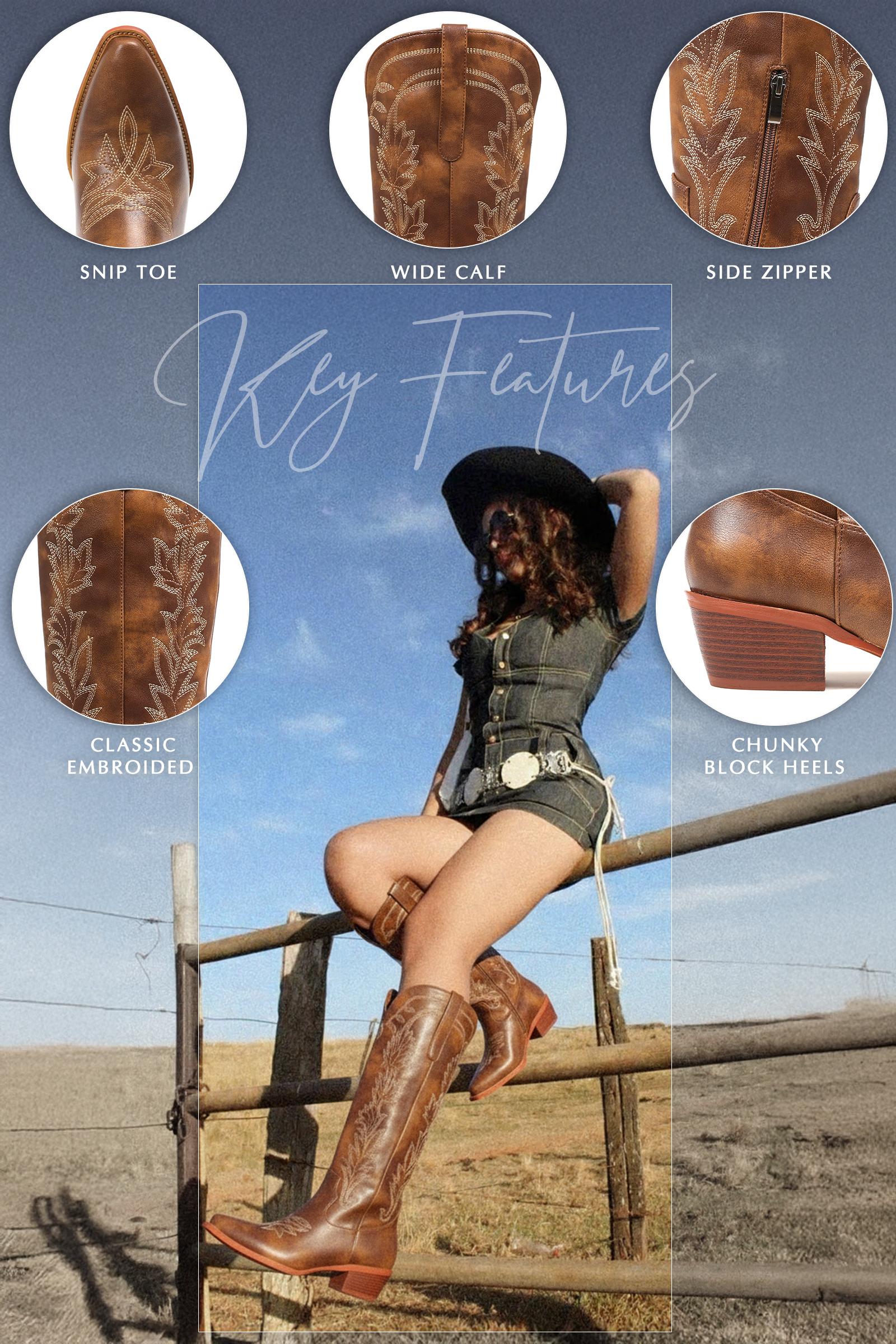 CYNLLIO Womens  Knee High Cowboy Country  Boots Snip Toe Chunky Block Heels Pull On Comfy Classic Embroided Side Zipper Fashionable Outing Walking Party Casual Riding Club Spring Wide Calf Western Fashion Boots