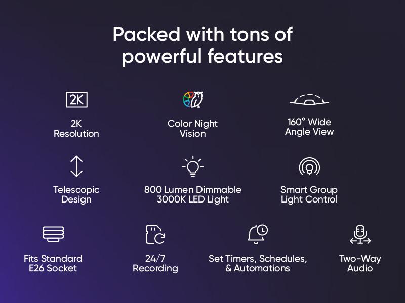 Wyze Bulb Cam — 2K HD Light Bulb Security Camera, 24/7 MicroSD Recording, Color Night Vision, Optional Advanced AI Subscription for Pet/Package/Person Detection, Dimmable LED, Color Night Vision, 2-Way Audio