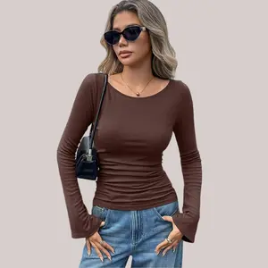 Women's Bell Long Sleeve Shirts Boat Neck Crop Going Out Trendy Tops Ribbed Ruched Y2K Clothes