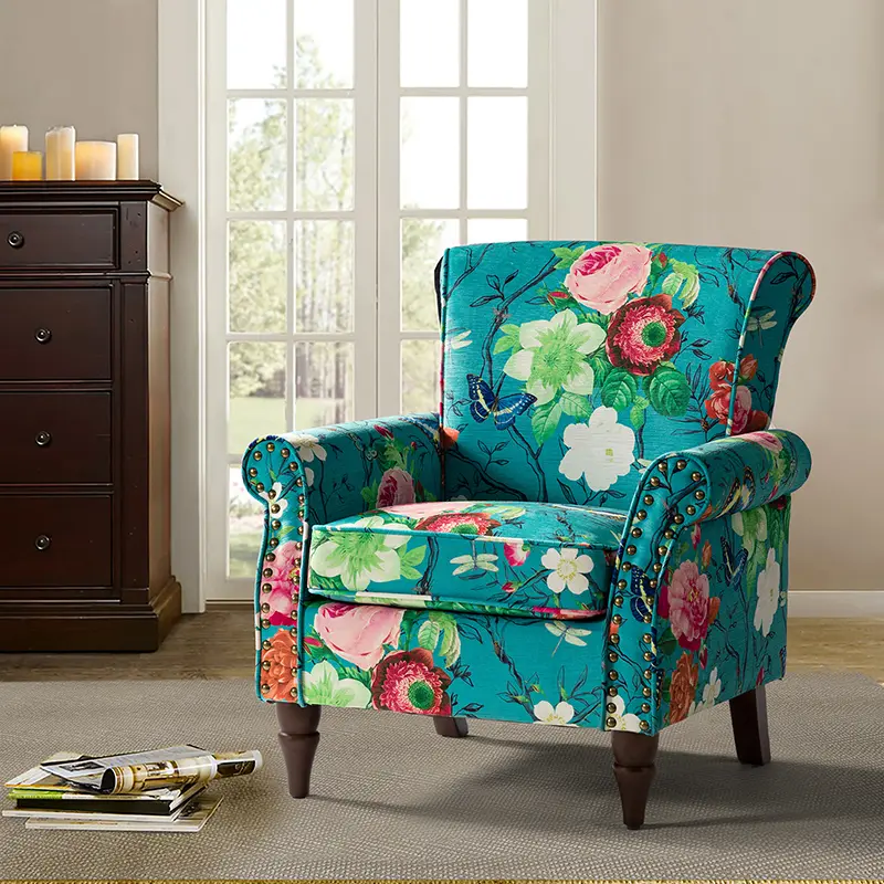 HULALA HOME Classic Floral Pattern Nailhead Accent Armchair with Rolled Arms Upholstered in Cowhide Fabric Pocket Spring Cushion Solid Wood Legs for Living Room & Bedroom