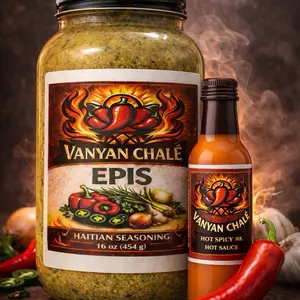 Vanyan Chale Haitian Epis Green Seasoning 16 oz with Scallions Garlic Peppers 1 piman Salt Herbs Oil & Hot Spicy 5 oz Hot Sauce