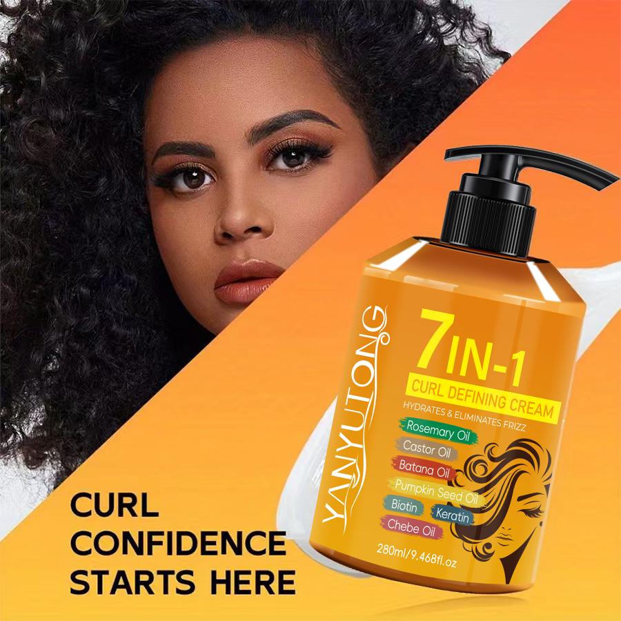 7-in-1 Curl Defining Cream 280ml — Suitable for wavy and curly hair, helps tame frizz and dullness, moisturizes and hydrates, provides a lightweight hold, keeps curls soft and bouncy, and reduces static. A styling gel-type haircare product.