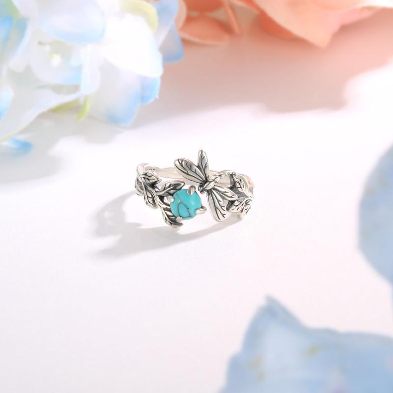 925 Synthetic Turquoise Open Ring with Unique Dragonfly and Leaf Design, Unique and Vintage Sterling Silver Adjustable Ring Jewelry for Women&Men, Unisex Gift to Friends, Pagan and Ethnic Style