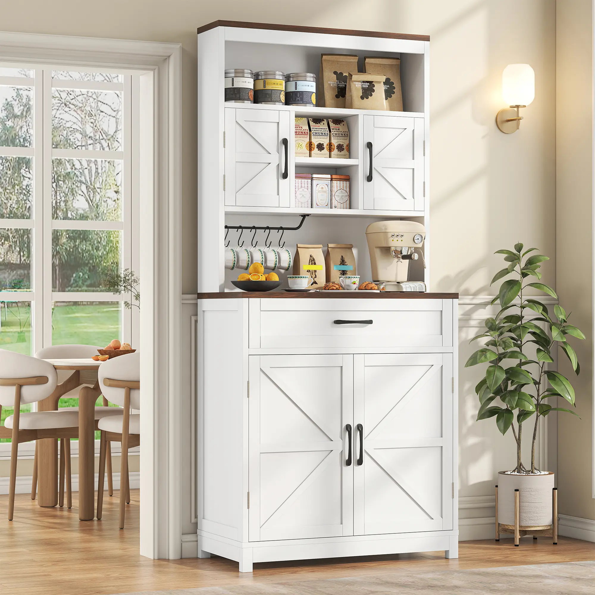 69.3" Tall Farmhouse Pantry Cabinet with 2 Barn Doors, 1 Drawer, Storage Shelves, Wide Countertop & Charge Holes - Kitchen Hutch Sideboard, Built-in Outlets Indoor Furniture, Built-In Outlets Kitchen Furniture