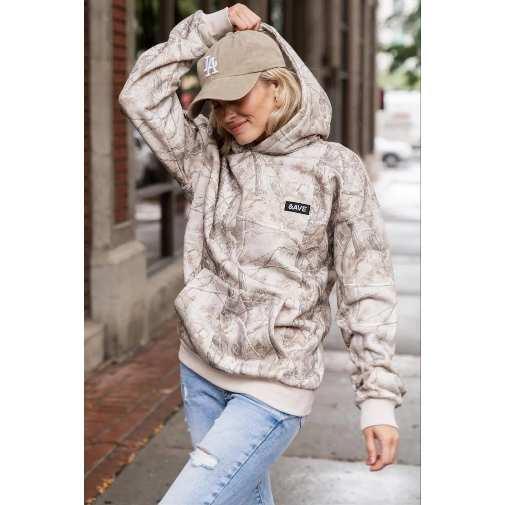 Women's Classic Comfort Zone Hoodie - Polyester-Camo Cotton Fabric, Relaxed Fit, Backwoods Babe Style Sweatshirt for Outdoors, Everyday Wear, Tops, Layering Outfits, Fleece Lined, Casual Ootd, Ave Chest Patch, Soft, Cotton Blend, Cotton-Poly