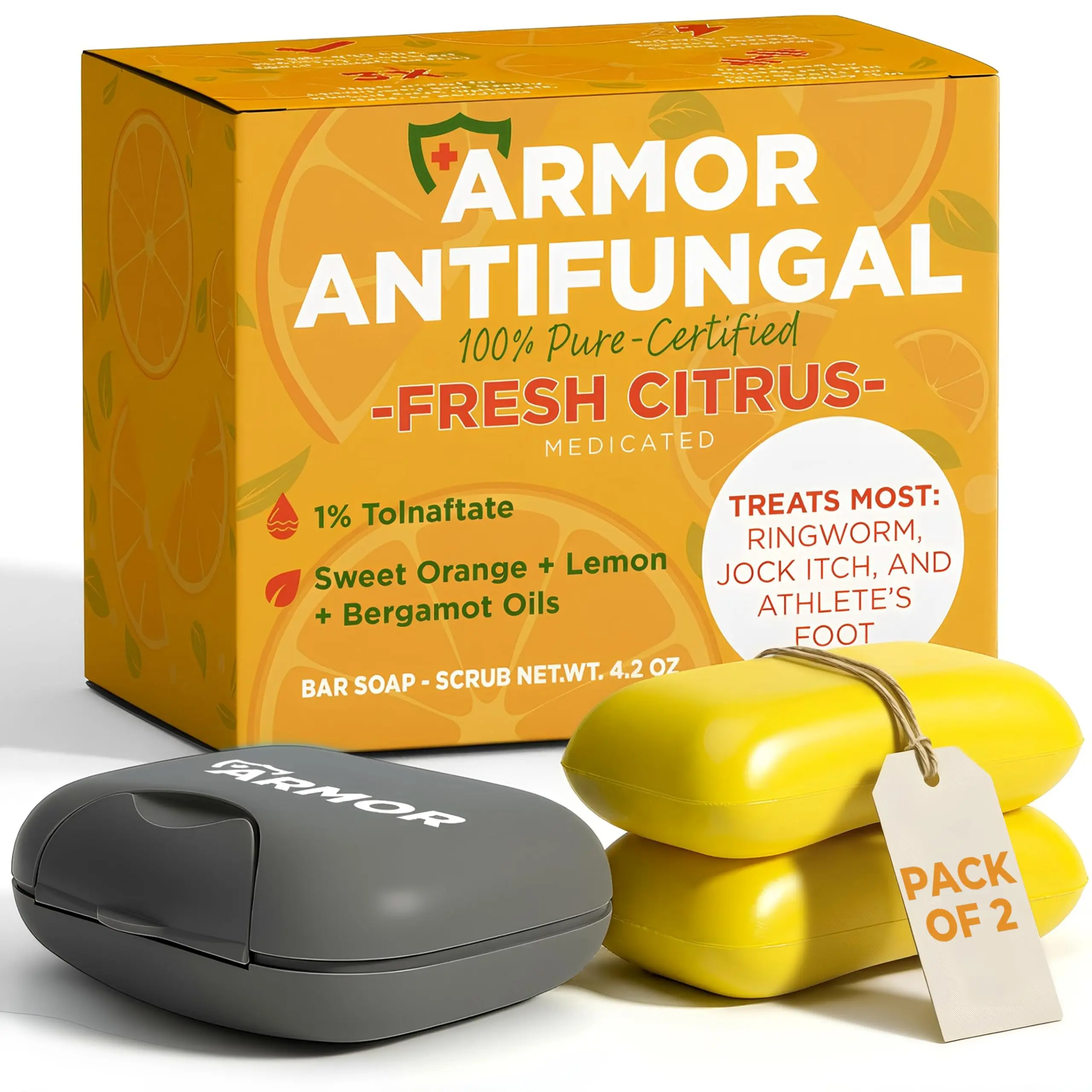 Antifungal Soap with Lemon Oil | Medicated Jock Itch Treatment Helps Fight Ringworm & Athletes Foot | Tolnaftate 1% Antifungal Cleansing Bars with Case | Infused with Sweet Orange & Grapefruit Oils