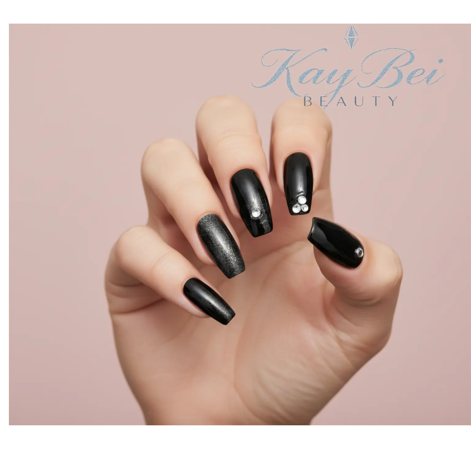 New! Kay Bei Coffin Press-On Nails – Midnight Obsidian Black Shimmer with Crystal Accents (10 piece set)