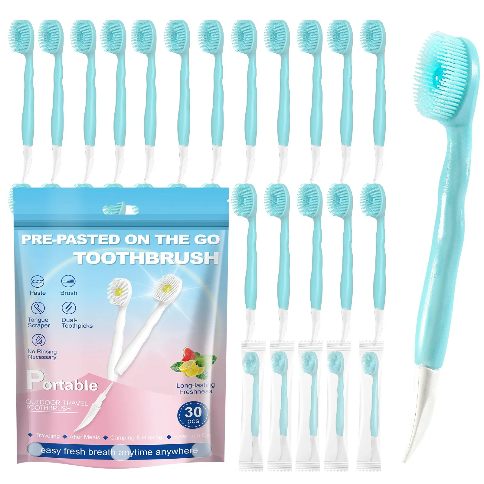 30-Piece 4-in-1 Disposable Toothbrush Set, On-the-Go Oral Care Kit with Toothpaste, Toothpick and Tongue Scraper, Individually Wrapped, Soft Bristles, Perfect for Office, Camping & Travel