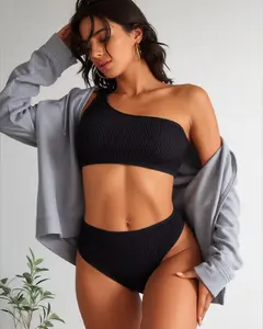 Women's Ribbed Bikini Sets One Shoulder Top with Mid Waist Two Piece Bathing Suit