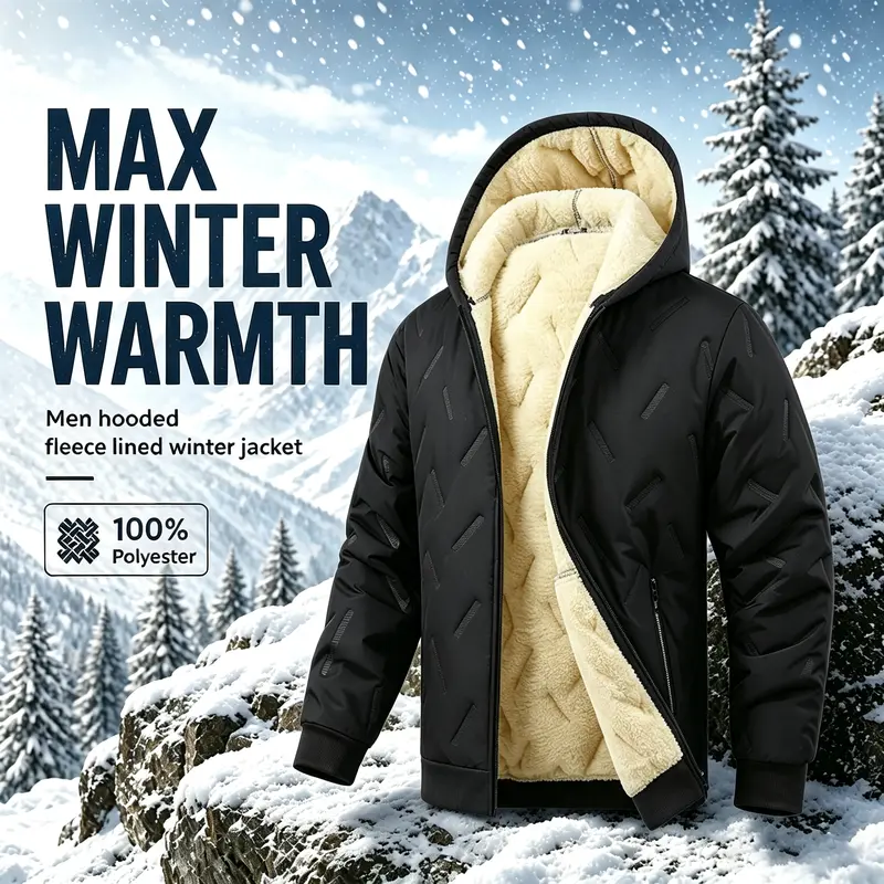 Men's Long-Sleeve Solid Minimalist Winter Fleece Jacket - Hooded, Soft Lined Tops for School, Outdoor Activities #SohoChic