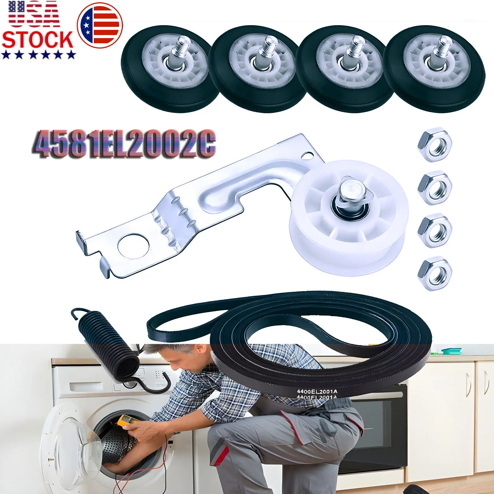LG Dryer Drum Roller Kit 4581EL2002C Replacement Shaft & Wheels OEM Upgrade Quiet Operation 4-Pack Set with Grease Lubricated Bearings USA Stock Spareparts Household