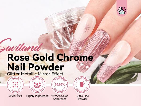 SAVILAND Rose Gold Chrome Nail Powder - 1g Metallic Mirror Effect Rose Gold Chrome Powder for Nails, Professional Gel Polish Chrome Powder Nail Glitter Manicure Pigment for Nail Art Design Home DIY