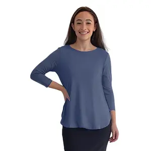 Curved Side Hem Tunic with 3/4 Sleeves and Modest Crew Neckline