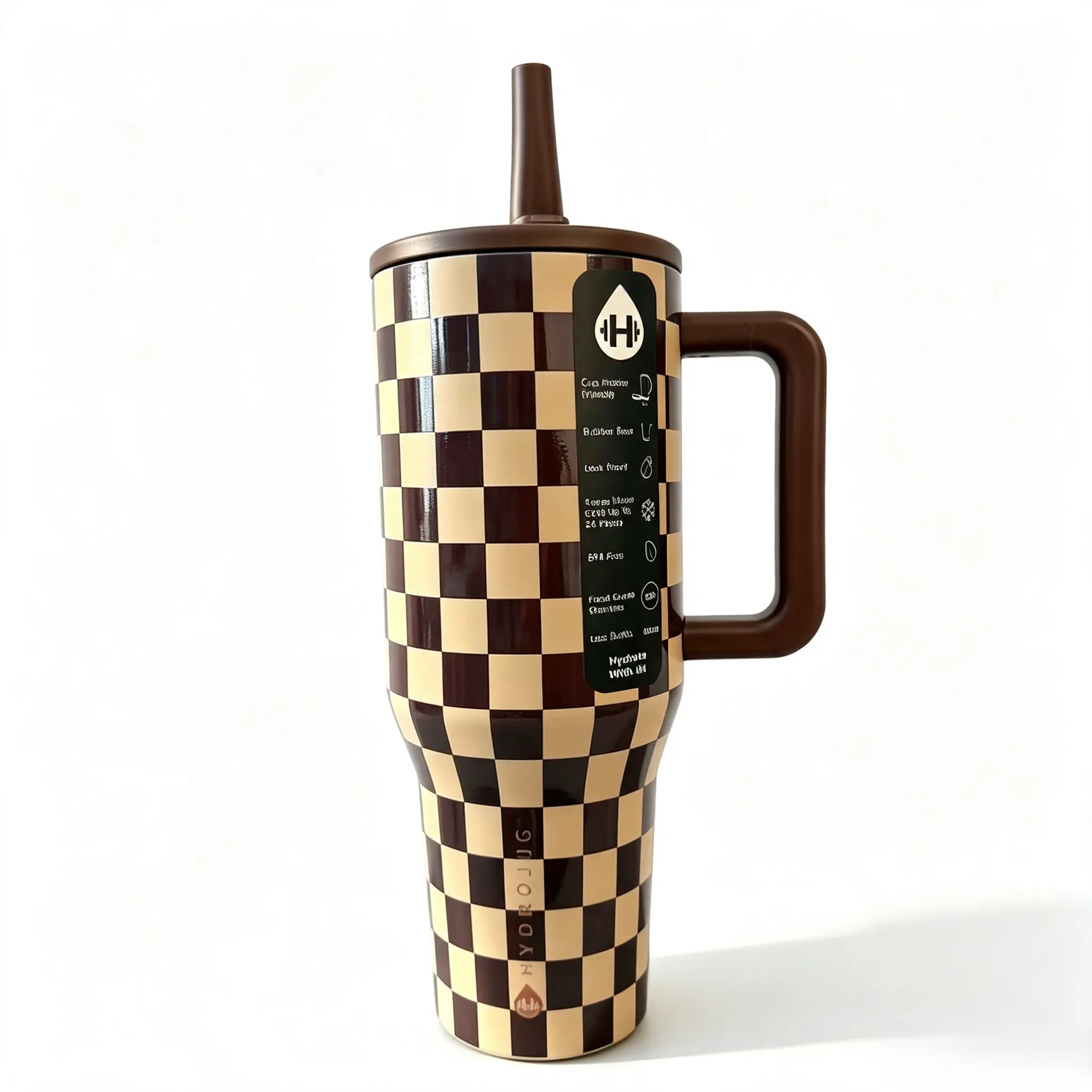 HydroJug 40oz Checkered Tumbler with Handle and Straw, Insulated Stainless Steel Travel Cup, Leak Proof Reusable Water Bottle for Car, Home, Gym