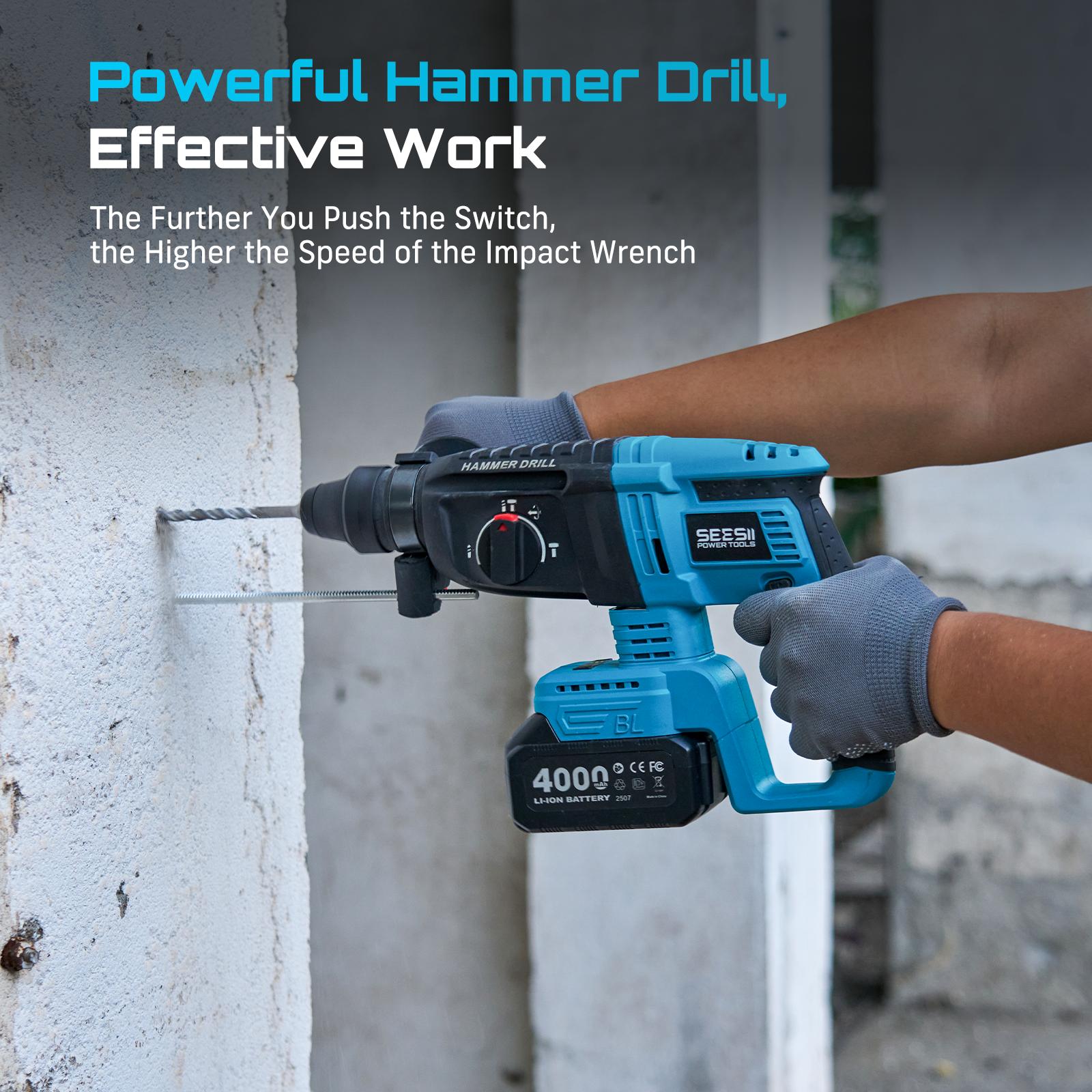 SEESII 3-in-1 Cordless Power Tool Set: Electric Rotary Hammer, Cordless Angle Grinder & Brushless Impact Wrench - Heavy Duty Combo Kit with 2x 4.0Ah Batteries for Construction, Automotive Repair & Metal Fabrication, 3ML