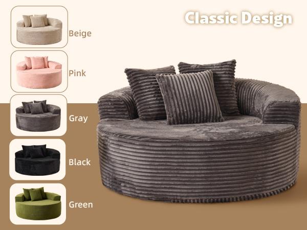 HOOOWOOO 59"W Oversized Round Sofa Bed - Modern & Boneless O-Shape Chaise Lounge, Lazy Bean Bag Chair, Deep Seat Couch with 3 Pillows, Plush Corduroy Fabric Chaise Lounge, No Assembly Required HOOOWOOO 59"W Oversized Round Sofa Bed - Modern & Boneless O-Shape Chaise Lounge, Lazy Bean Bag Chair, Deep Seat Couch with 3 Pillows, Plush Corduroy Fabric Chaise Lounge, No Assembly Required