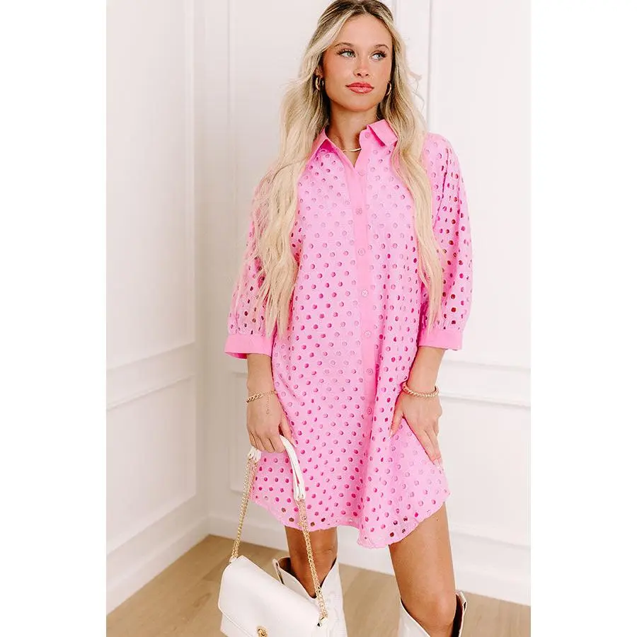 Feeling Posh Eyelet Mini Dress in Bubblegum Pink