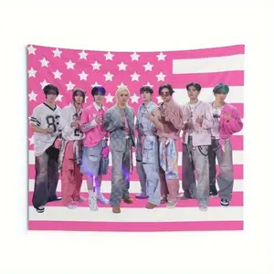 2D Flat, 1pc 2D Printing Stray Members Pink American Flag, Stray Concert Banner, SKZ Kpop Banner, Stray Ate, Skz DominAte, Stray 202 3* in Grommets' Color Random Tapestry Room Decor Tapestry Wall Mural Starry Sky Pattern