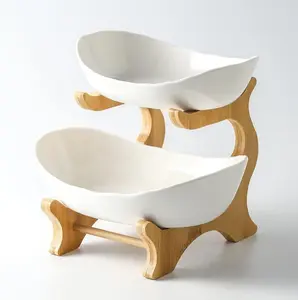 2 layer kitchen countertop with fruit bowls - ceramic storage bowls paired with bamboo supports, with a layered fruit basket, used for storing fruits, vegetables, snacks, nuts, cakes, desserts. Compact and cute (white)