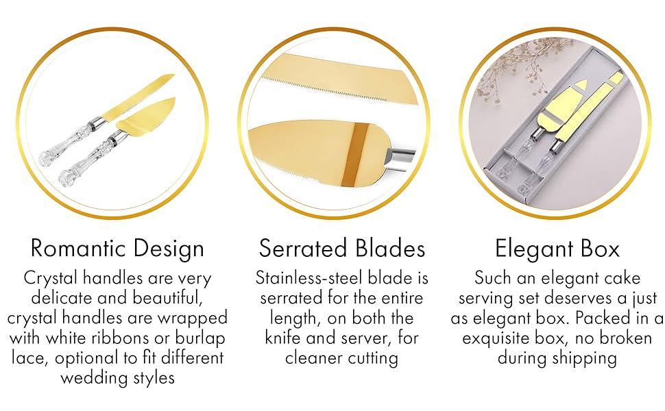 Cake Knife and Server Set, Cake Cutter and Pie Spatula, Gold Blade and Faux Crystal Handle Wedding Cake Cutting Set, Stainless Steel Gold Knife Set for Party, Birthday, and Anniversary