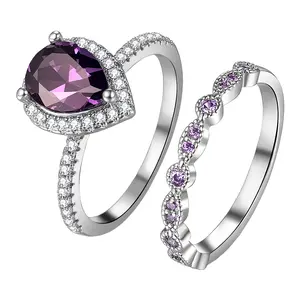 OIDEA Women's Purple Amethyst Teardrop Cubic Zirconia Stackable Eternity Ring Set, Stackable Engagement Ring, Romantic Female Accessories Gift for Girlfriend Anniversary summerwins,summerwins