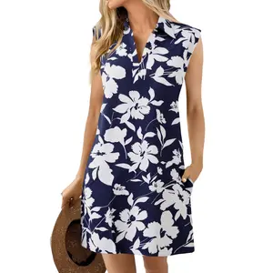 Wenrine Women's Summer Dresses Floral Casual Collared V Neck Cap Sleeve Loose Boho T Shirt Dresses with Pockets