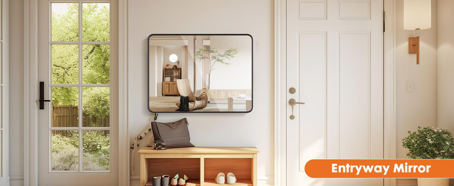 【Deal】Bathroom Mirror Wall Mirror for Bathroom Black Metal Framed Rounded Corner Rectangle Vanity Mirror, Large Mirrors for Wall, Anti-Rust& Waterproof