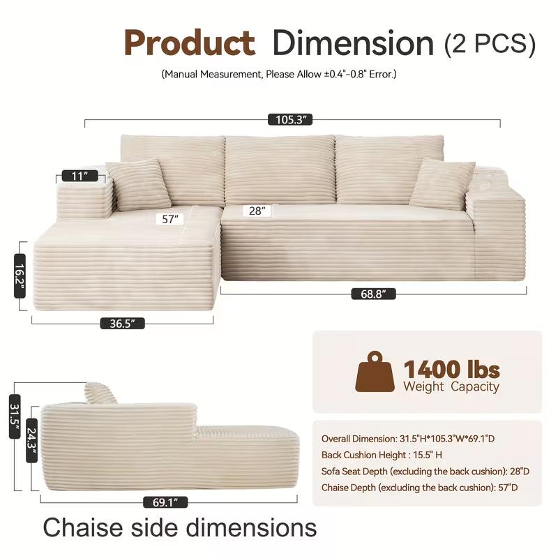 105'' Boneless Couch, Sectional Boneless Couches for Living Room w/Deep Seat, Cloud Couch w/Stripe, Boneless L Shaped Couches w/Flannel Fabrics