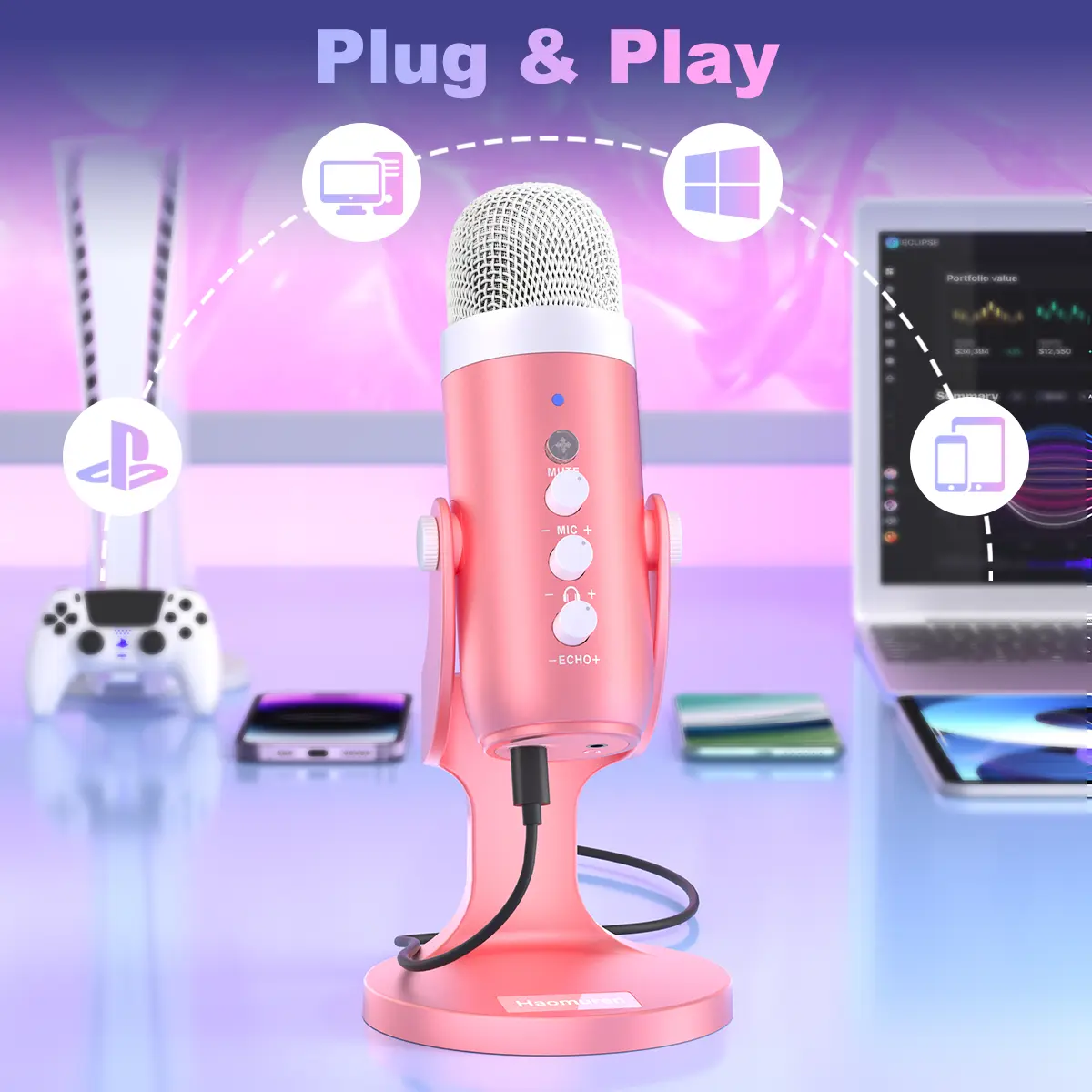Haomuren K66 USB Condenser Microphone with base stand and Type-C adapter,Computer PC Gaming Mic,Plug&Play Microphones for PS 4&5.Monitor Adjust&Volume Control,Mic Gain Control,Mute Button for TikTok,YouTube Podcast on Mac&Windows Audio