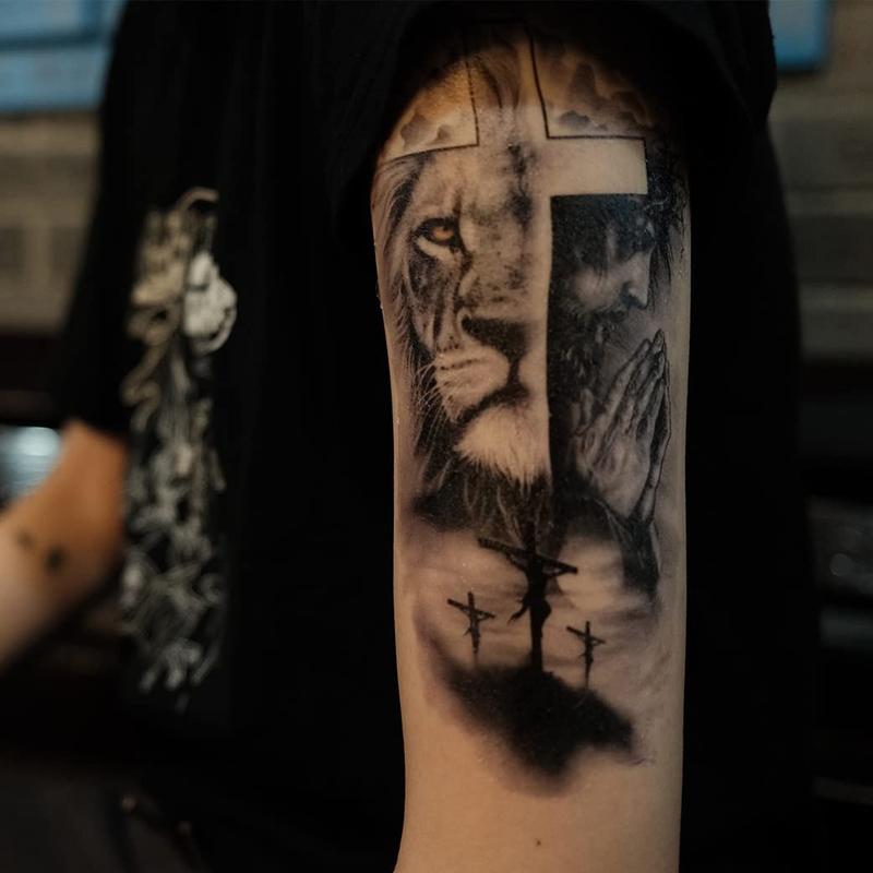 2 Sheets Waterproof Fake Forest Lion Jesus Cross Old School Arm Leg Temporary Tattoo