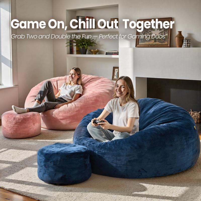 【Jumpstart Sale】Ovios 59" W Jumbo Bean Bag Lounger with Ottoman - Oversize Plush Bean Bag Sofas with Super Soft Microsuede Cover- XL Memory Foam Stuffed Lounger Couch for Adults, Kids, Couples, Pets