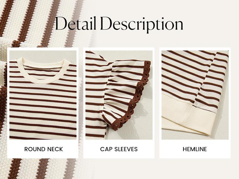 Shewin 2026 Spring/Summer Women's Casual Striped Ruffle Sleeve Top - Round Neck Loose Fit Cotton Ribbed Knit T-Shirt with Lace Trimmed Flounce Sleeves for Daily Wear SpringStatements