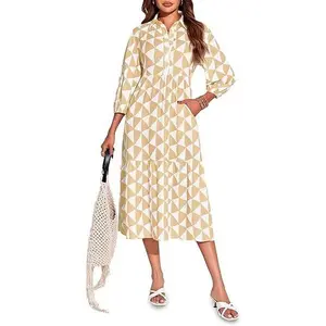Wenrine Womens Boho Midi Dress Long Sleeve Casual Color Block Beach Button Down Shirt Dress