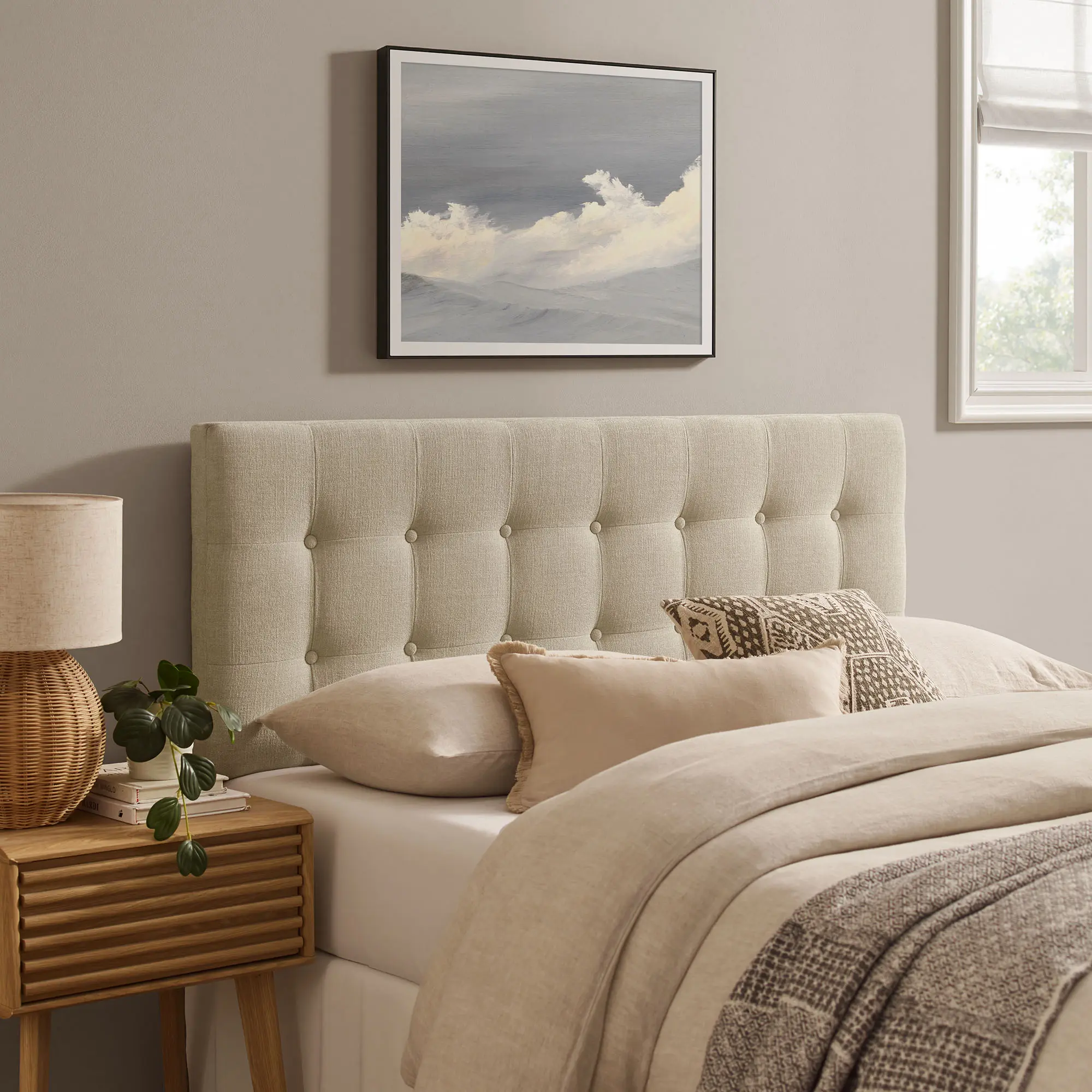 Emily Fabric Upholstered Full Size Headboard in Ecru