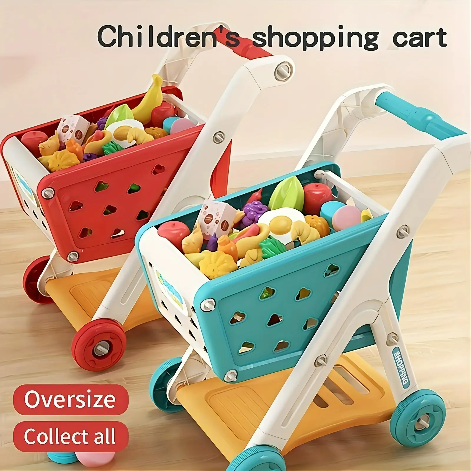 26pcs Kids Shopping Cart Trolley Play Set with Pretend Food and Accessories, Perfect Birthday Gifts for Ages 3+ Pretend Play and Role-Playing Games