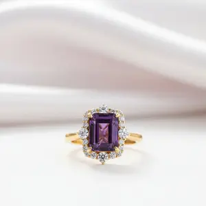 Emerald Cut Amethyst Purple Halo Engagement Ring