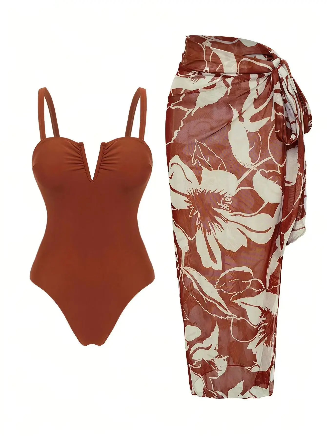 Women's 2-Piece Bathing Suit Set - Cutout Keyhole 1-Piece Swimsuit, Printed Sheer Wrap Sarong Cover Up, Casual Sports & Outdoor Swimwear, One Piece Swimsuits