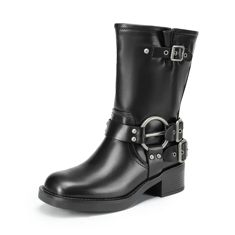 Dream Pairs Women's Sporty Chic Mid-Calf Moto Boots, Casual Footwear with Adjustable Buckle Straps and a Low Heel, Women's Shoes, Slip On,shoes for back to school,back to school shoes