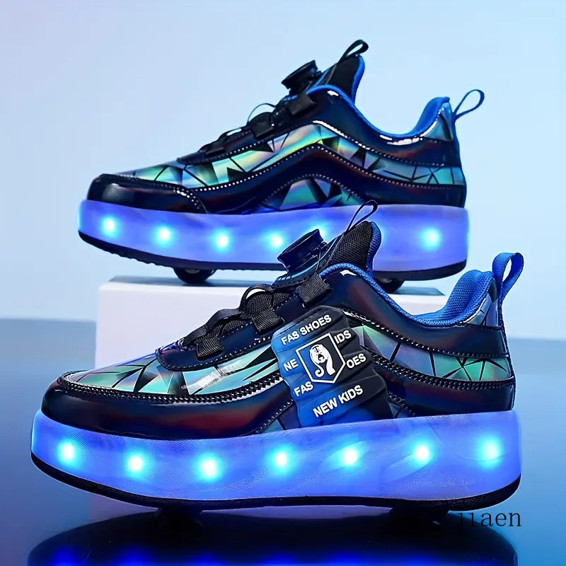 Kids' Casual PU Leather LED Light-Up Rotating Wheel Skate Sneakers, Comfy Detachable Rubber Wheel Battery-Powered Trainers for Boys & Girls Teen Outdoor Use