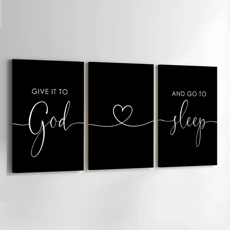 Wood Framed Canvas Wall Art, 3 Counts/Set, "Give It to God and Go to Sleep" Letter Pattern Wall Decor for Home, Living Room, Bedroom or Office, Christian Bedroom Wall Set, Faith Quote Minimal Print, Religious Calming Home Gift, Black White Script Canvas
