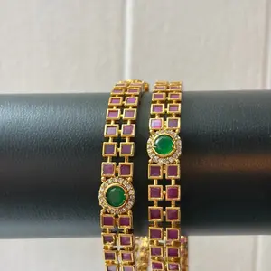 Traditional Indian Bangles in Ruby Colored Green and Clear Stone. Set of 2 Pieces. Perfect for Any Occassion