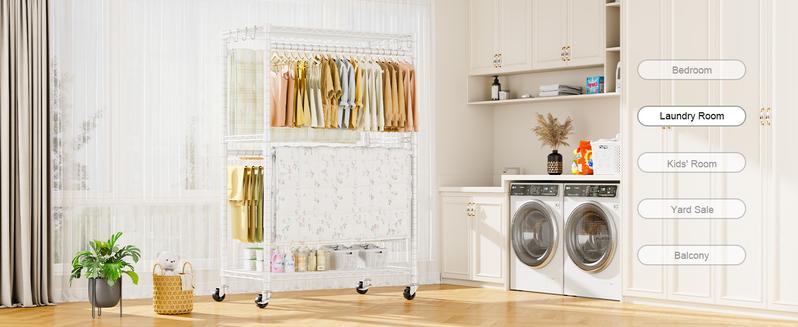 P4 Plus ULIFHOME Rolling Clothing Racks for Hanging Clothes, Heavy Duty,  Free Standing Garment Racks with Wheels, Portable Closet Rack 45''W × 20.5''D × 80.5''H, Max Load 570 Lbs, White