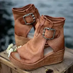 Peep Toe Wedge Sandals - Women's Casual Hollow Out Design, Buckle Decor, Flatform, Beach Party, Daily Clothing Decor kitten heels